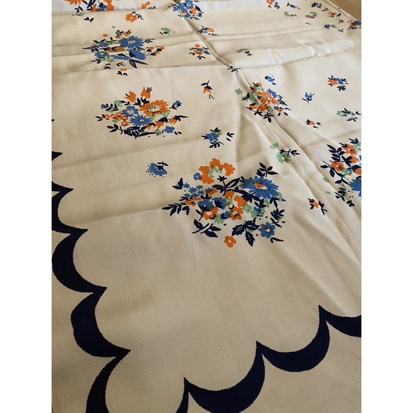 Vintage Mid-Century Tablecloth Flowers Floral Blue Orange 4'x5' Cottage Core - Picture 2 of 9